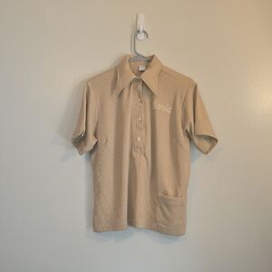 Vintage Tan Short Sleeve 100% Polyester Made In USA Doris Miracle Lanes Bowling